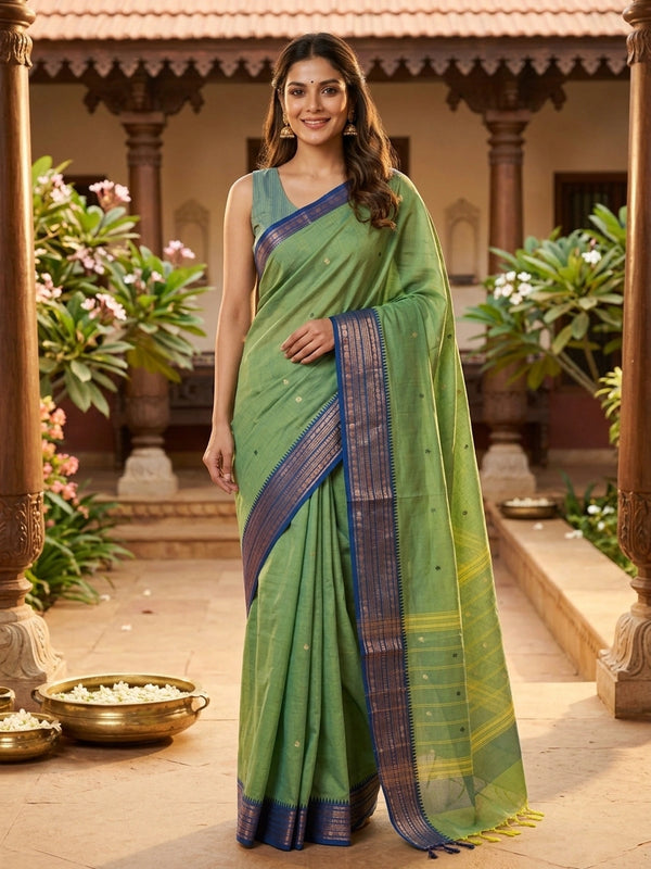 Green Chettinad cotton saree with contrast blue and gold zari temple border and scattered buttas