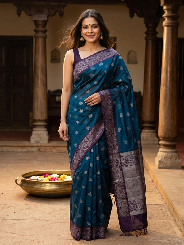 Peacock blue silk cotton saree with silver lotus buttas and contrast purple silver-woven border