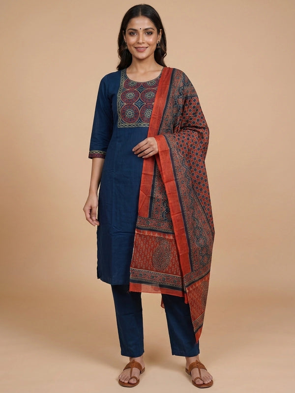 Navy blue cotton straight-cut kurti set with mirror-embroidered yoke and rust Ajrakh-print dupatta