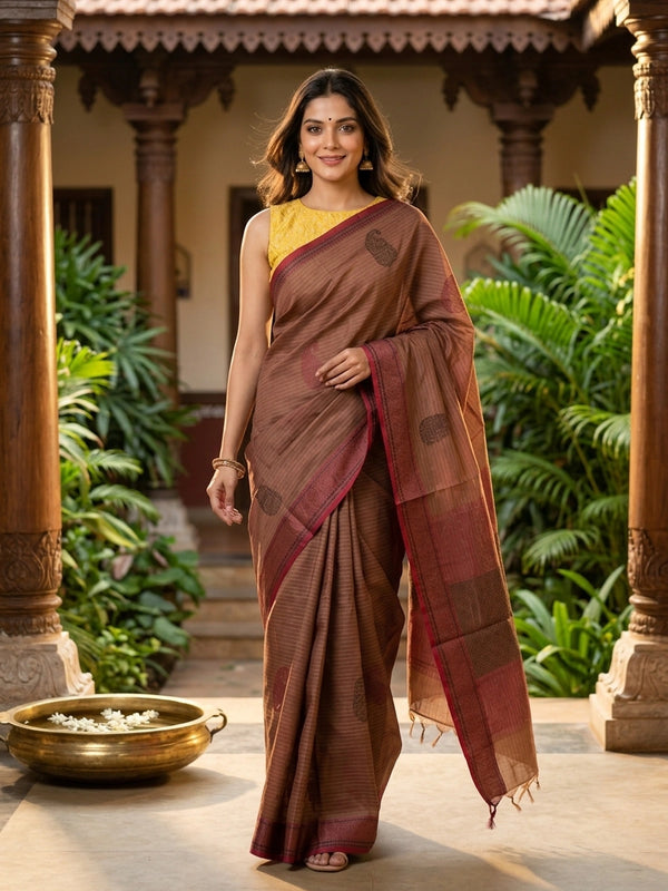 Brown and maroon semi raw silk saree with woven paisley motifs and contrast border