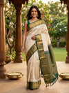 Cream and Green Pure Kanchipuram Silk Saree