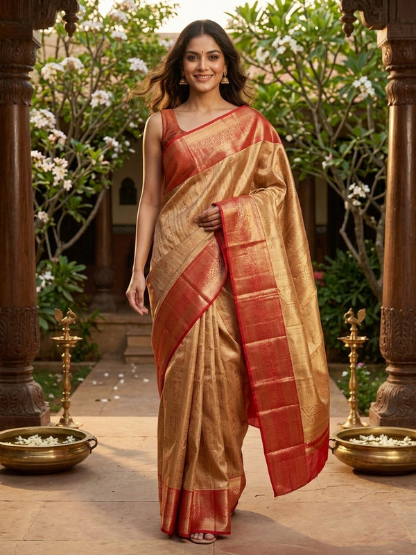 Gold and red pure Kanchipuram silk saree with gold zari brocade body and contrast red border