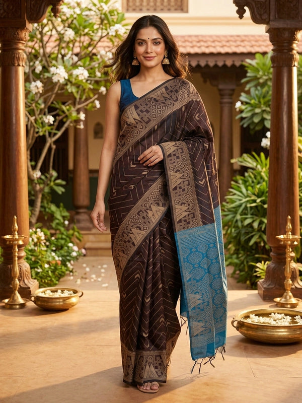 Dark brown silk cotton saree with chevron woven body and contrast peacock blue geometric pallu