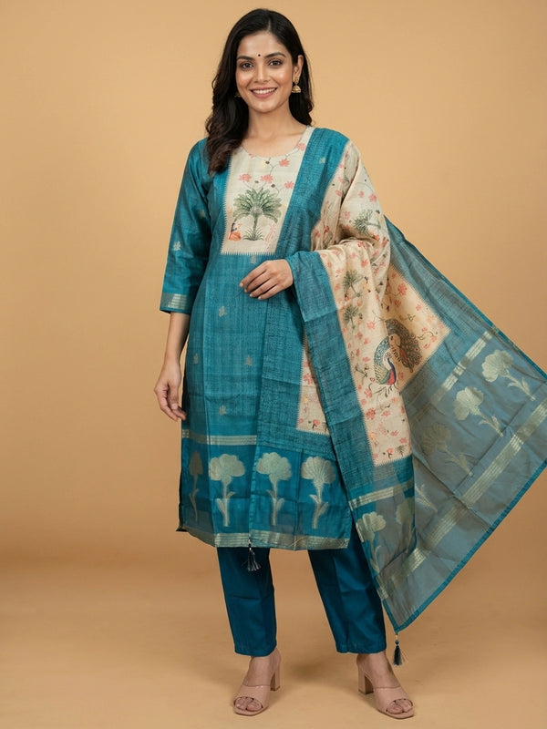 Teal tussar silk Pichwai printed straight cut kurti set with beige peacock dupatta and pants