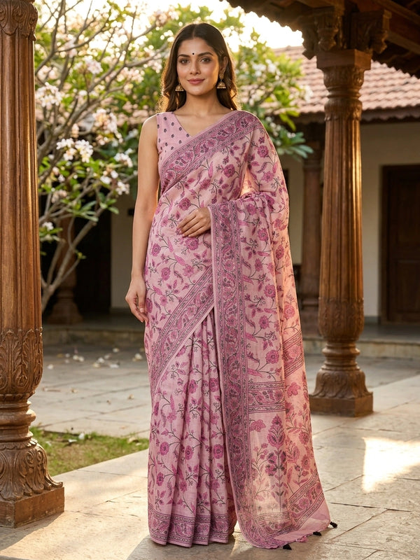 Mauve pink floral printed linen cotton saree with pink and black all-over floral jaal and matching printed border