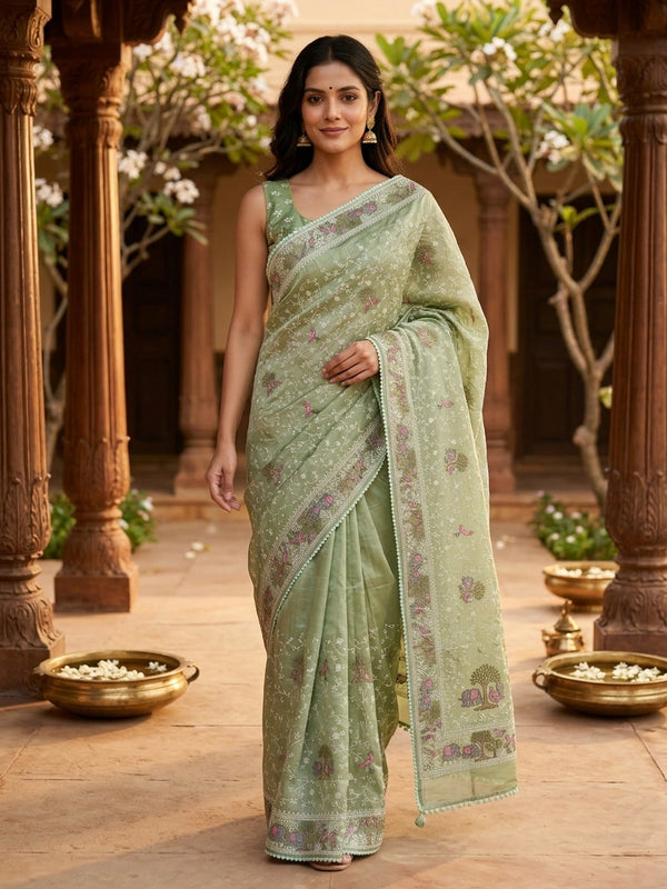 Sage green designer saree with white floral embroidery, pink bird and elephant motifs and pom-pom lace border