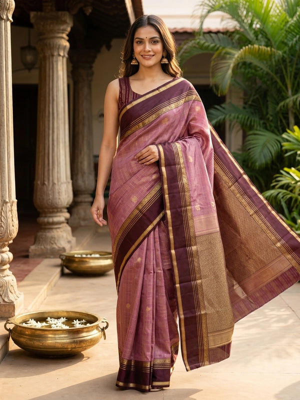 Dusty mauve pure Kanchipuram silk saree with wine contrast border and gold zari pallu