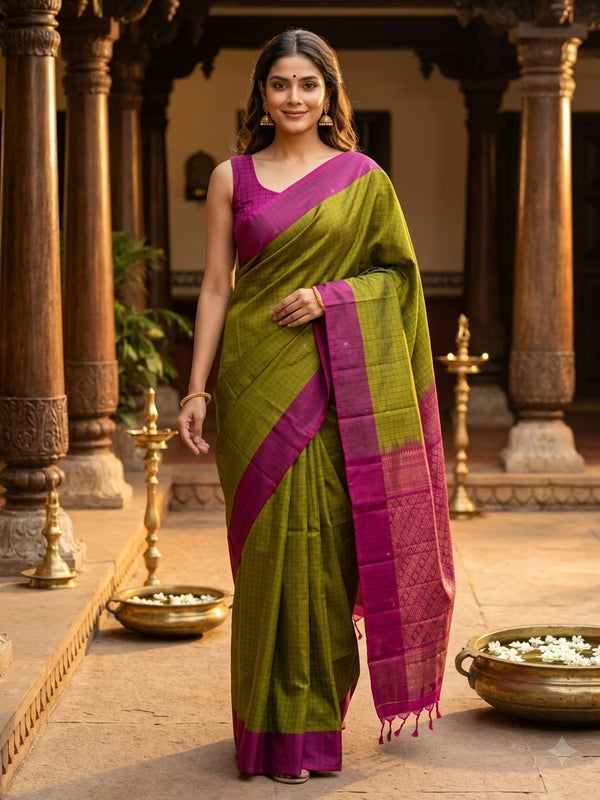 Mehendi green Kanchipuram Pure Mix saree with magenta contrast border and gold zari pallu