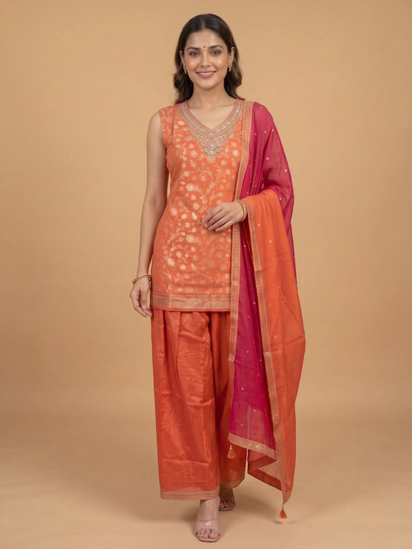 Orange floral zari silk embroidered straight cut kurti top with embellished neckline