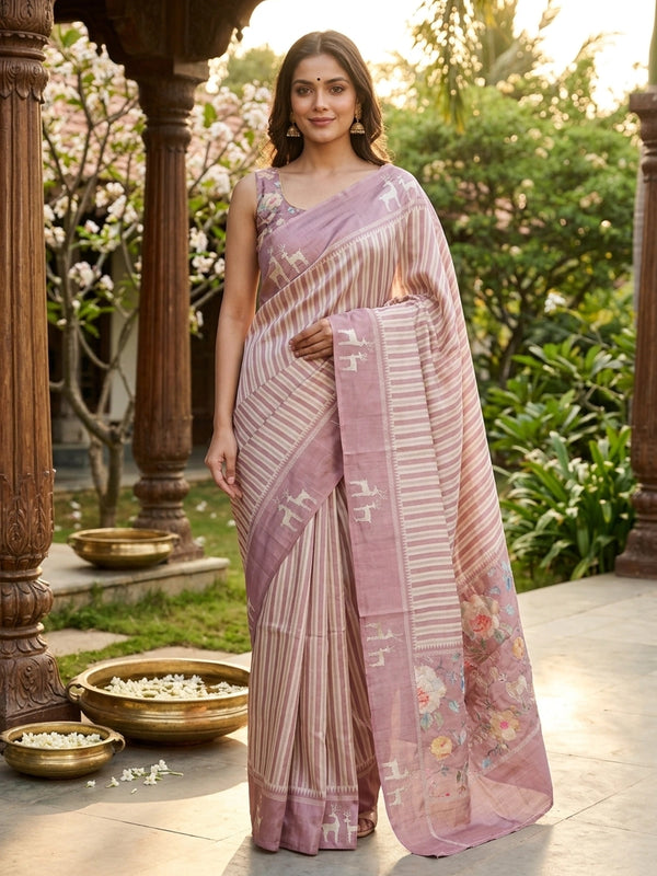 Dusty pink and cream designer silk saree with deer motifs and floral embroidered pallu