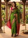 Parrot Green and Pink Semi Silk Saree
