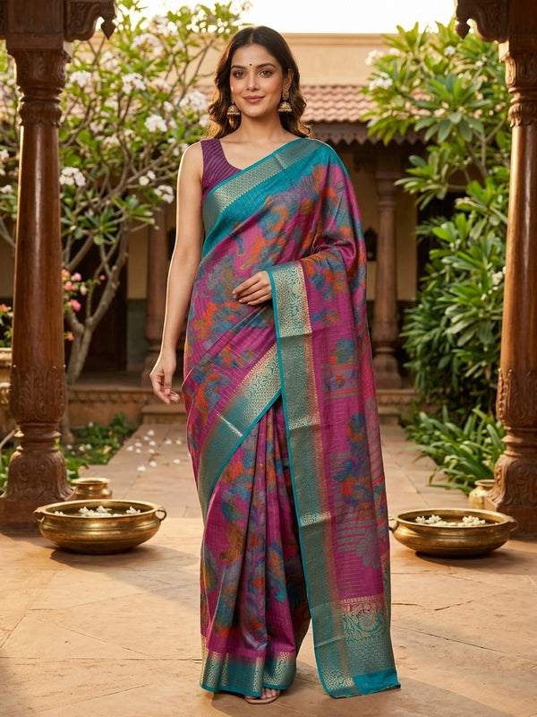 Magenta Dola silk saree with multicolour floral print and contrast teal gold zari border