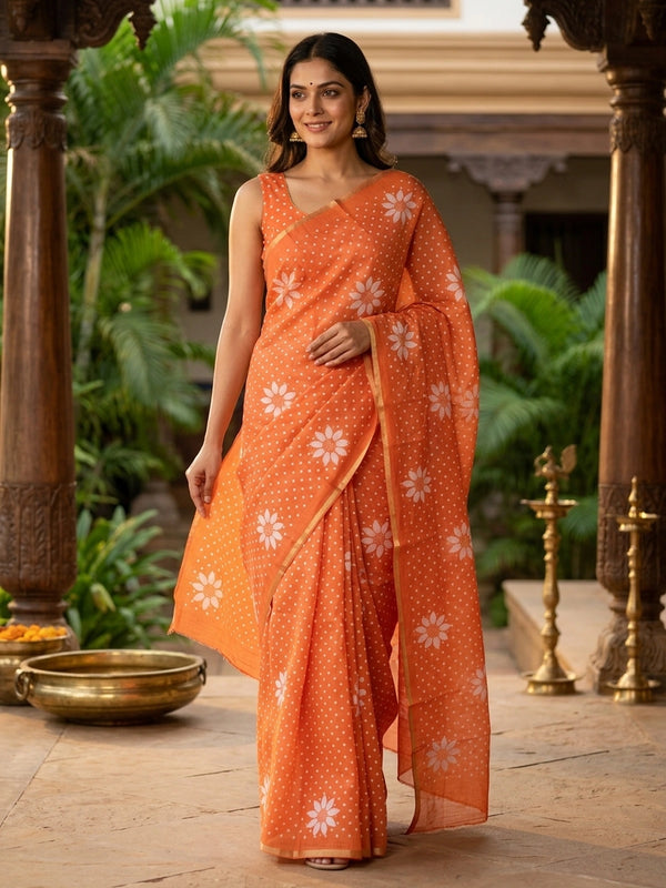 Orange linen cotton saree with white polka dots, floral motifs and a thin gold border