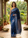 Navy Blue and Silver Kanchipuram Fancy Silk Saree