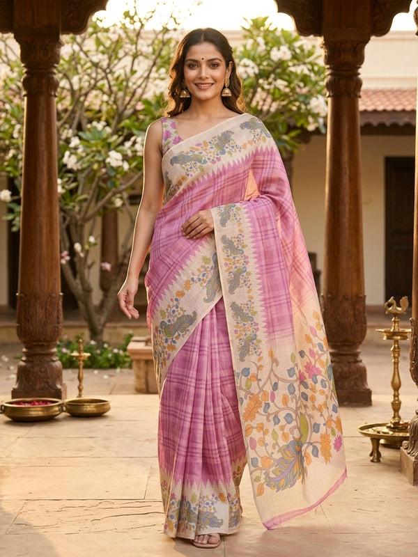 Pink and cream linen cotton saree with checked body, temple border and Kalamkari peacock pallu