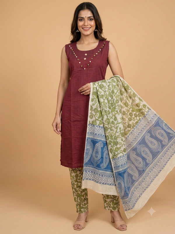 Maroon cotton straight cut kurti set with pom-pom neckline, green kalamkari printed pants and contrast kalamkari dupatta