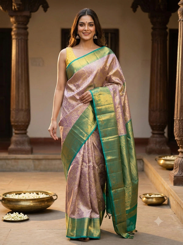Lavender pure Kanchipuram silk saree with gold zari floral brocade and contrast teal-green gold border