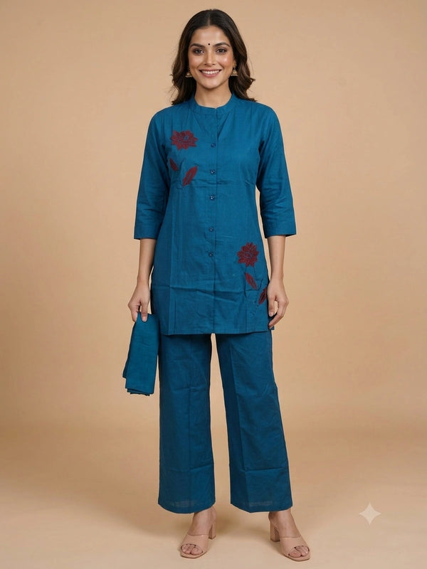 Teal Blue Cotton Floral Embroidered Co-ord Kurti Set with maroon lotus applique