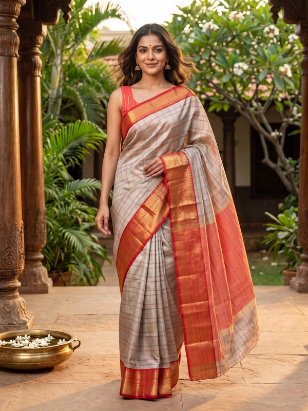 Grey and red checked Kanchi semi silk saree with gold zari border and peach pallu
