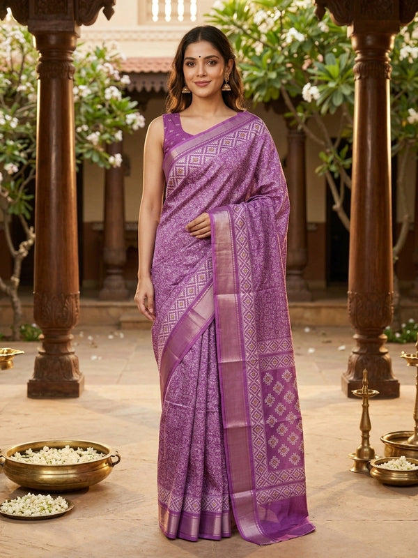 Purple Dola silk saree with white Warli-style print, patola pallu and silver zari border