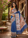 Royal Blue with Off-White Floral - Linen Cotton Saree