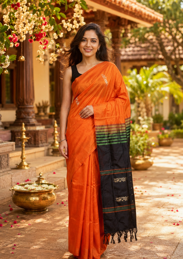 Orange and Black Banana Silk Sarees