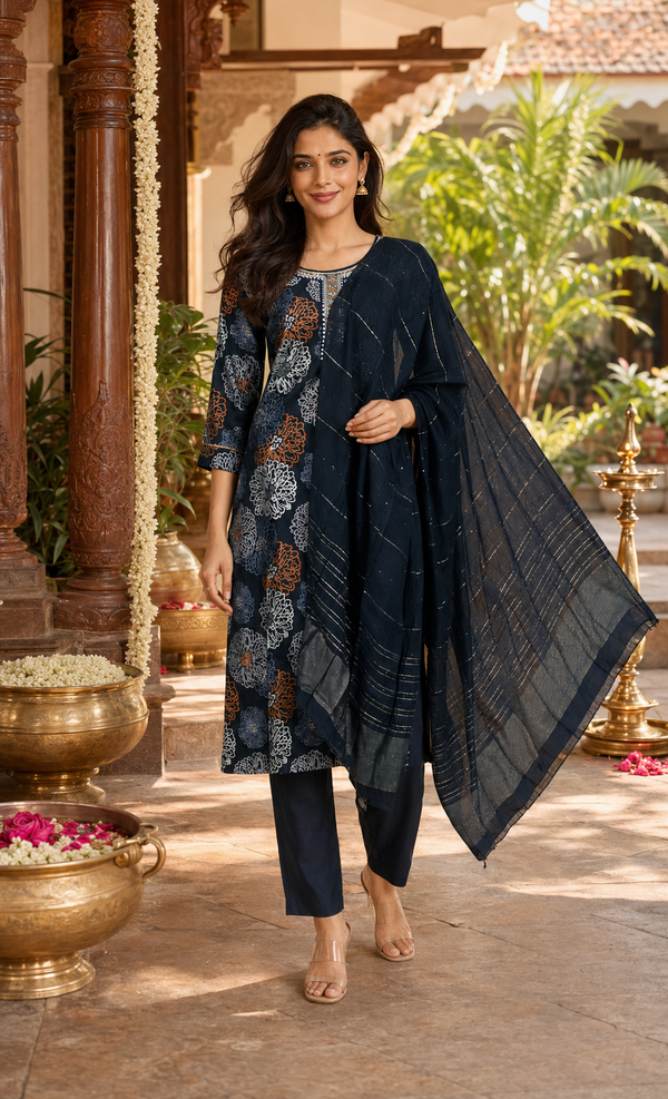 Navy Blue with Dark Navy Blue Dupatta Ready Made Kurti Set