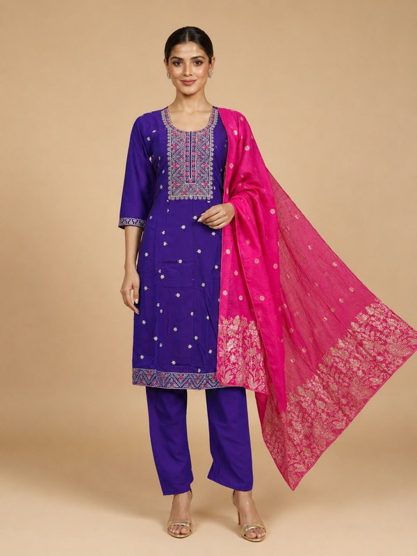 Purple with Pink Dupatta Anarkali Kurti Set