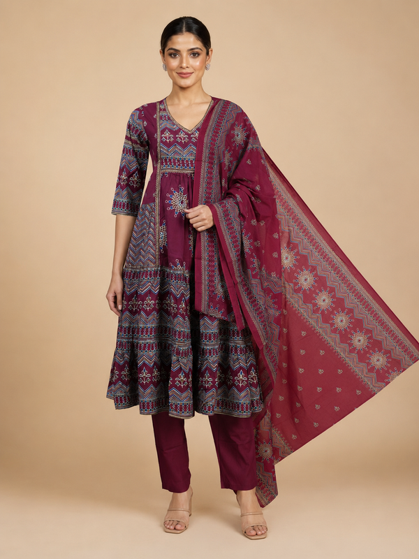 Wine Maroon with Dupatta Anarkali Kurti Set