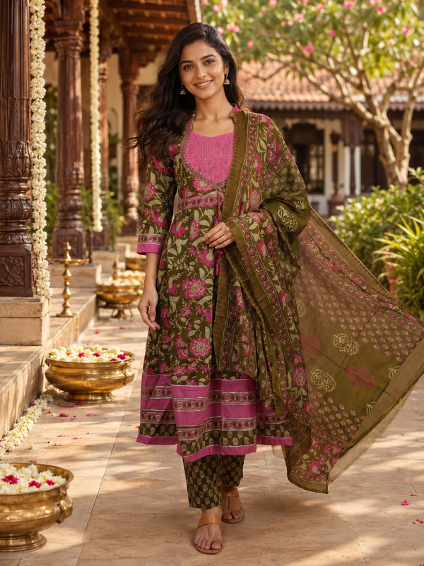 Olive Green with Pink Dupatta Anarkali Kurti Set