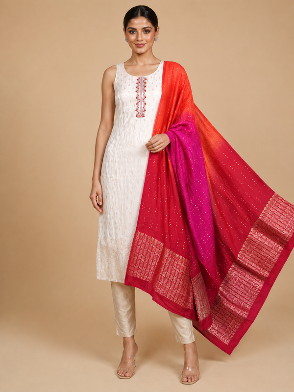 Off-White with Orange and Magenta Pink Ready Made Kurti Set