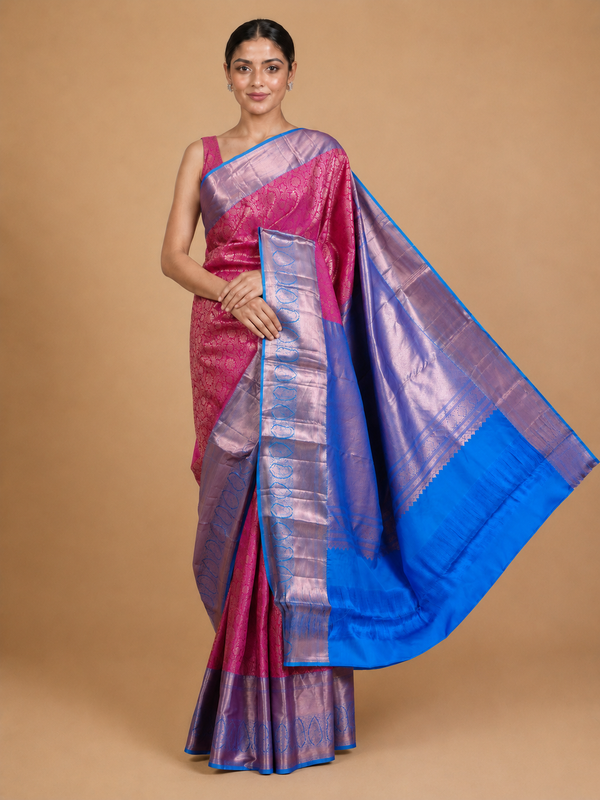 Pink and Sky Blue Kanchipuram Pure Mix Saree