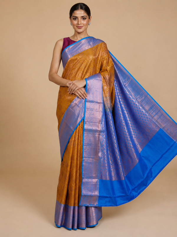 Mustard Yellow and Sky Blue Kanchipuram Pure Mix Saree