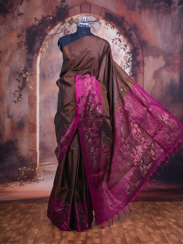 Dark Earth Brown and Magenta Kanchipuram Pure Mix Saree
