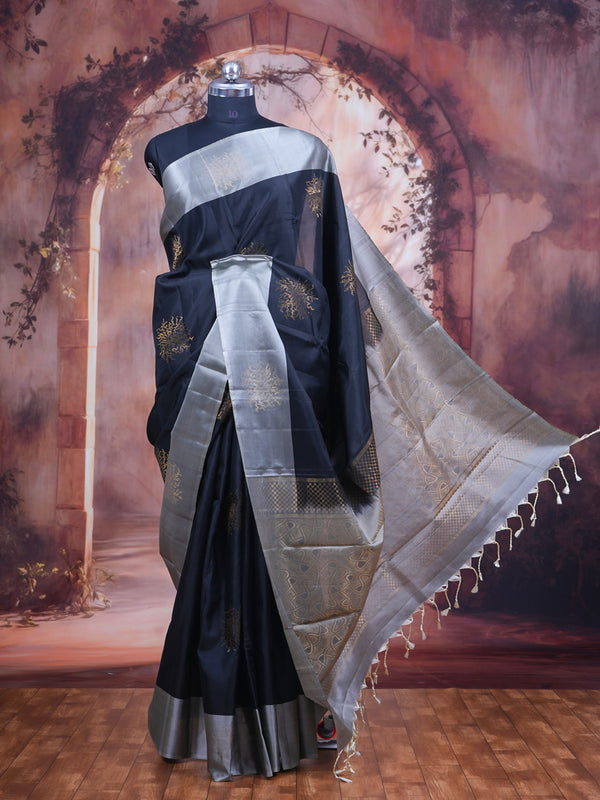 Royal Black & Antique Silver Pure Silk Saree