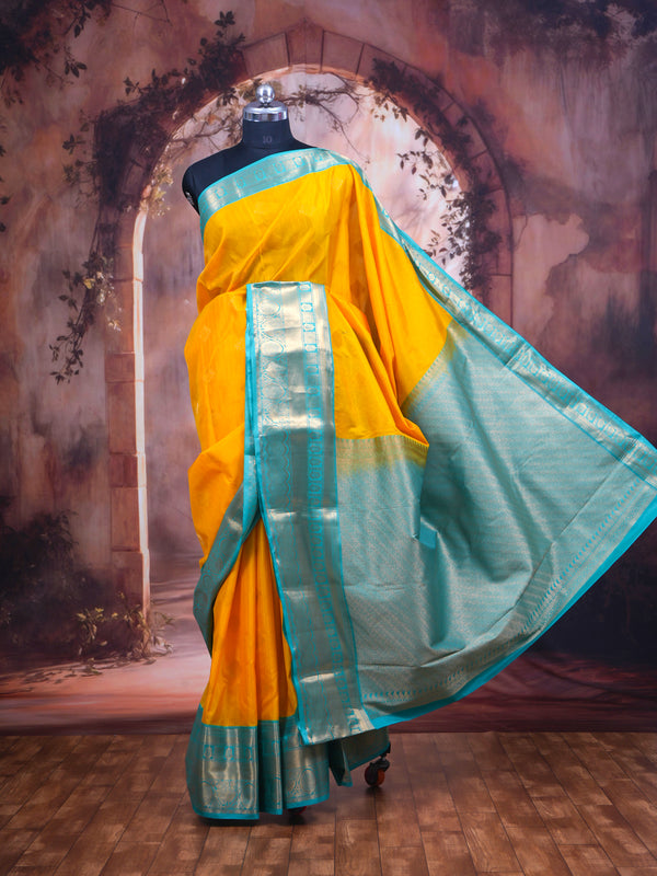 Vibrant Mustard Yellow & Turquoise Blue Pure Silk Saree