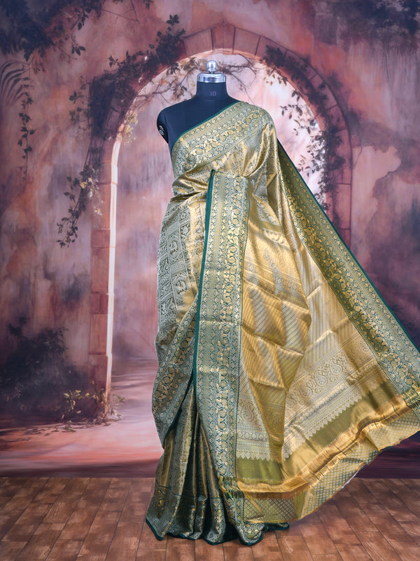 Golden Zari and Emerald Green Kanchipuram Pure Mix Saree