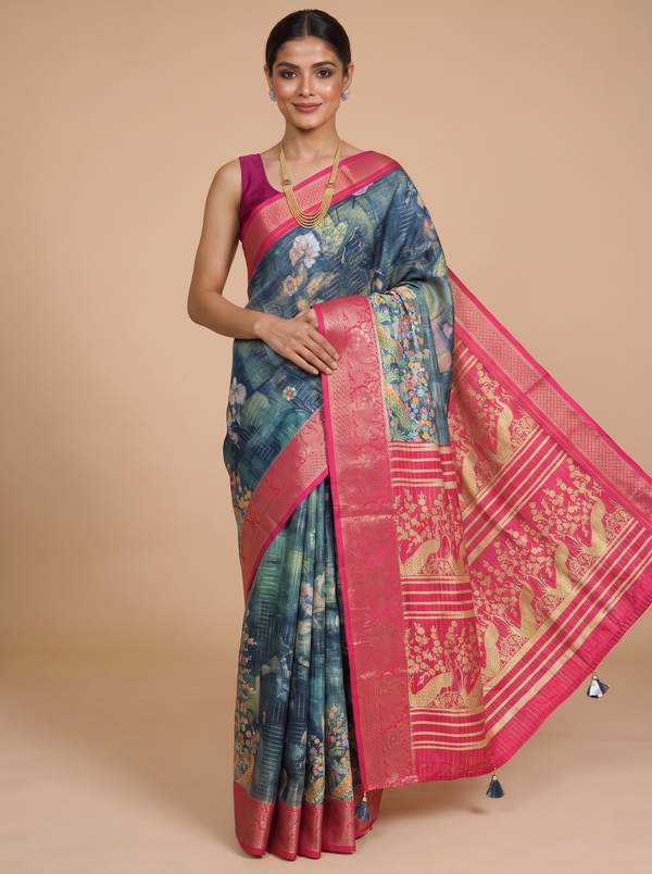 Greyish Blue with Rani Pink - Semi Raw Silk Saree