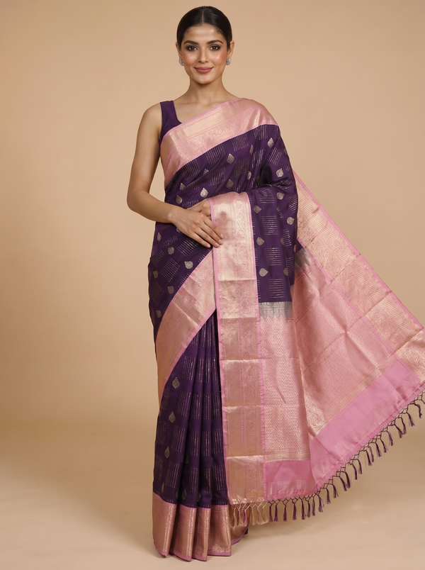 Wine Purple with Peach-Pink Kanchipuram Fancy Silk Saree