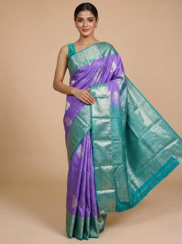 Lavender Purple with Sea Green Kanchipuram Fancy Silk Saree