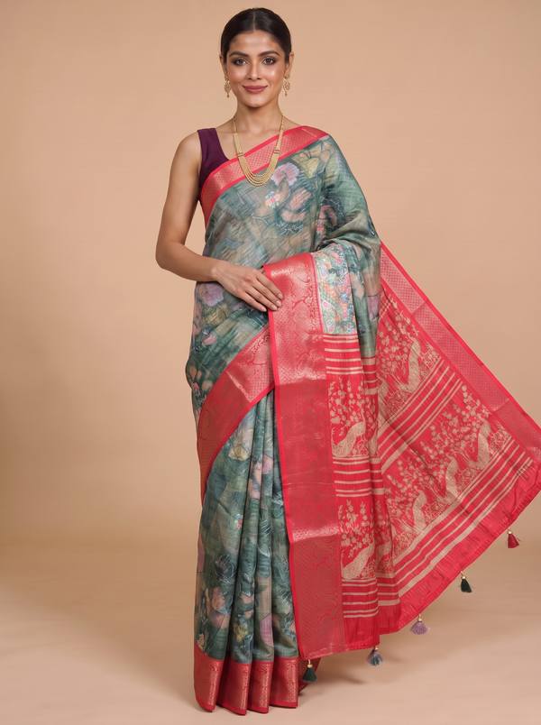 Olive Green with Red Pallu - Semi Raw Silk Saree