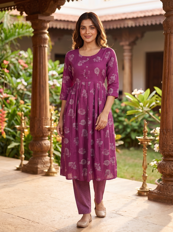 Magenta Printed Anarkali Kurti Set