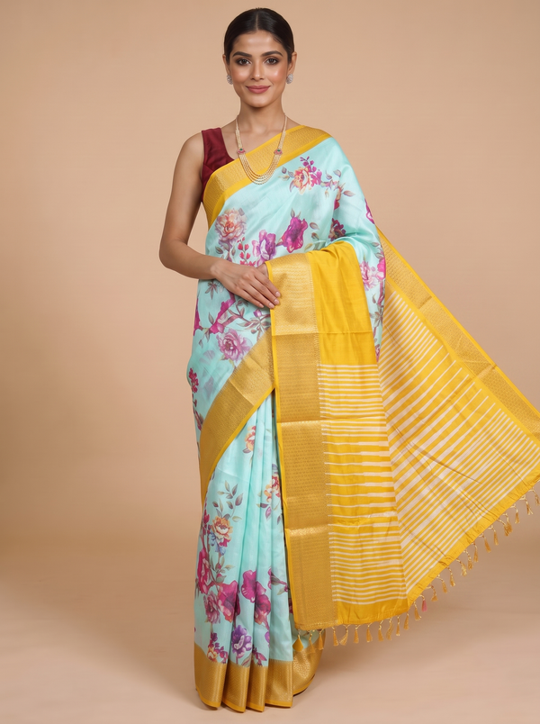 Sea Green with Yellow - Semi Raw Silk Saree