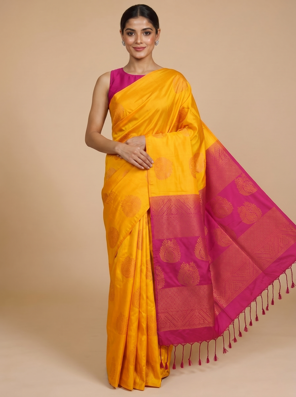 Mustard Yellow with Magenta Pink - Kanchi Semi Silk Saree