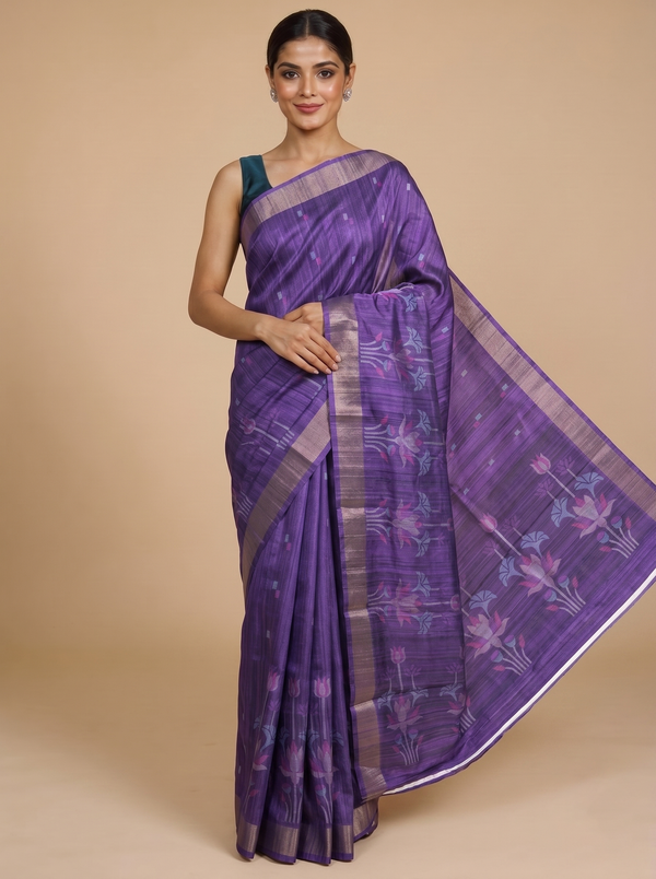 Purple with Floral- Semi Tussar Saree