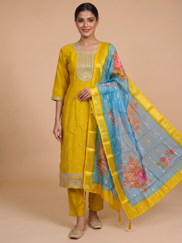 Mustard Yellow with Sky Blue Dupatta Anarkali Kurti Set