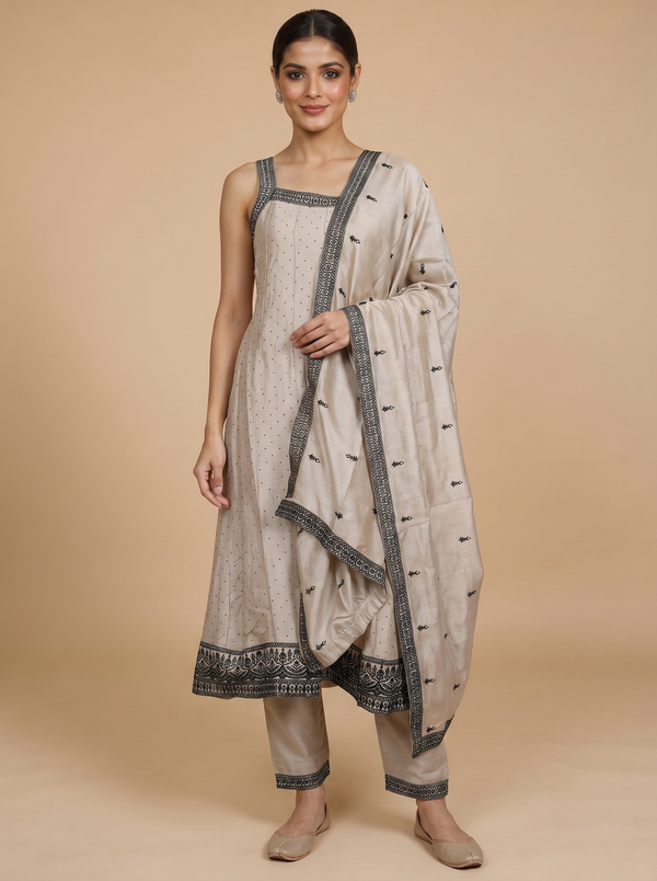 Beige with Black Ready Made Salwar Suit