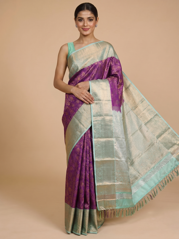 Purple with Sea Green Kanchipuram Fancy Silk Saree