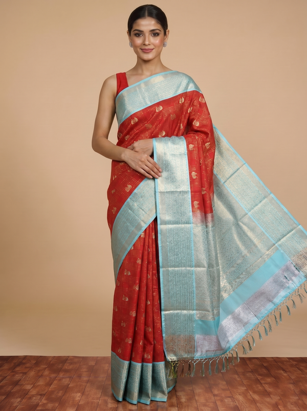 Red Saree with Sky Blue Kanchipuram Fancy Silk Saree