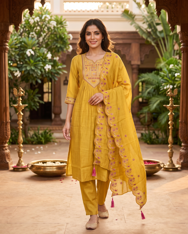 Mustard Yellow with Purple Embroidered Dupatta Ready Made Kurti Set